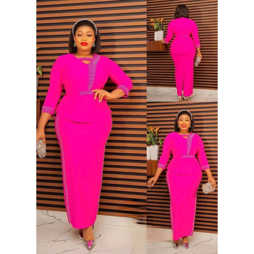 ⚫E001 - NWT Elegant 2 Piece Pink Peplum Blinged Maxi Skirt Set